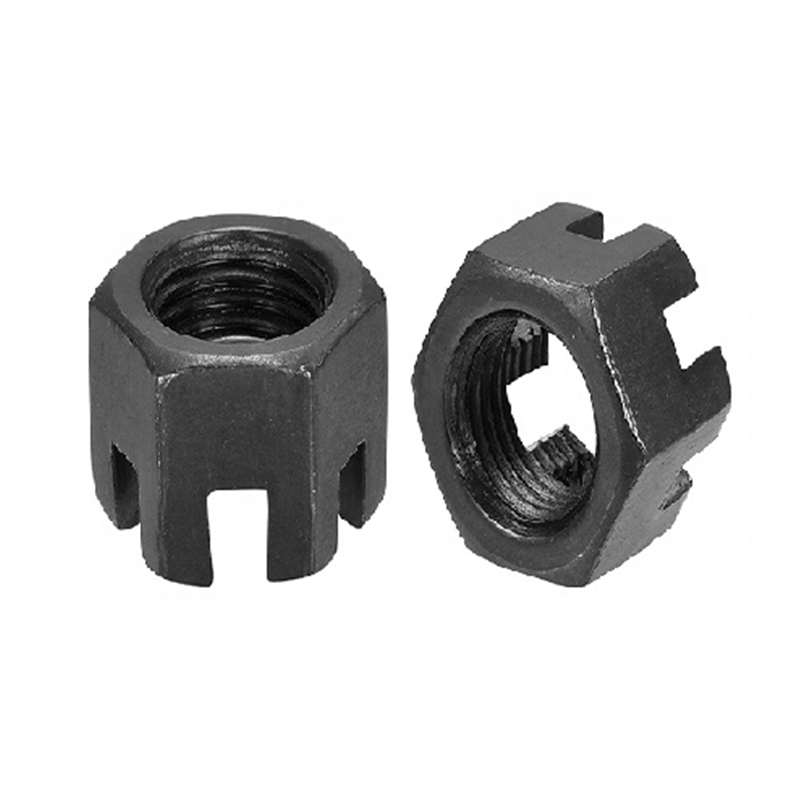 Dado a castello con intaglio in ossido nero M16×1,5 grado 4,8 in acciaio al carbonio DIN 935